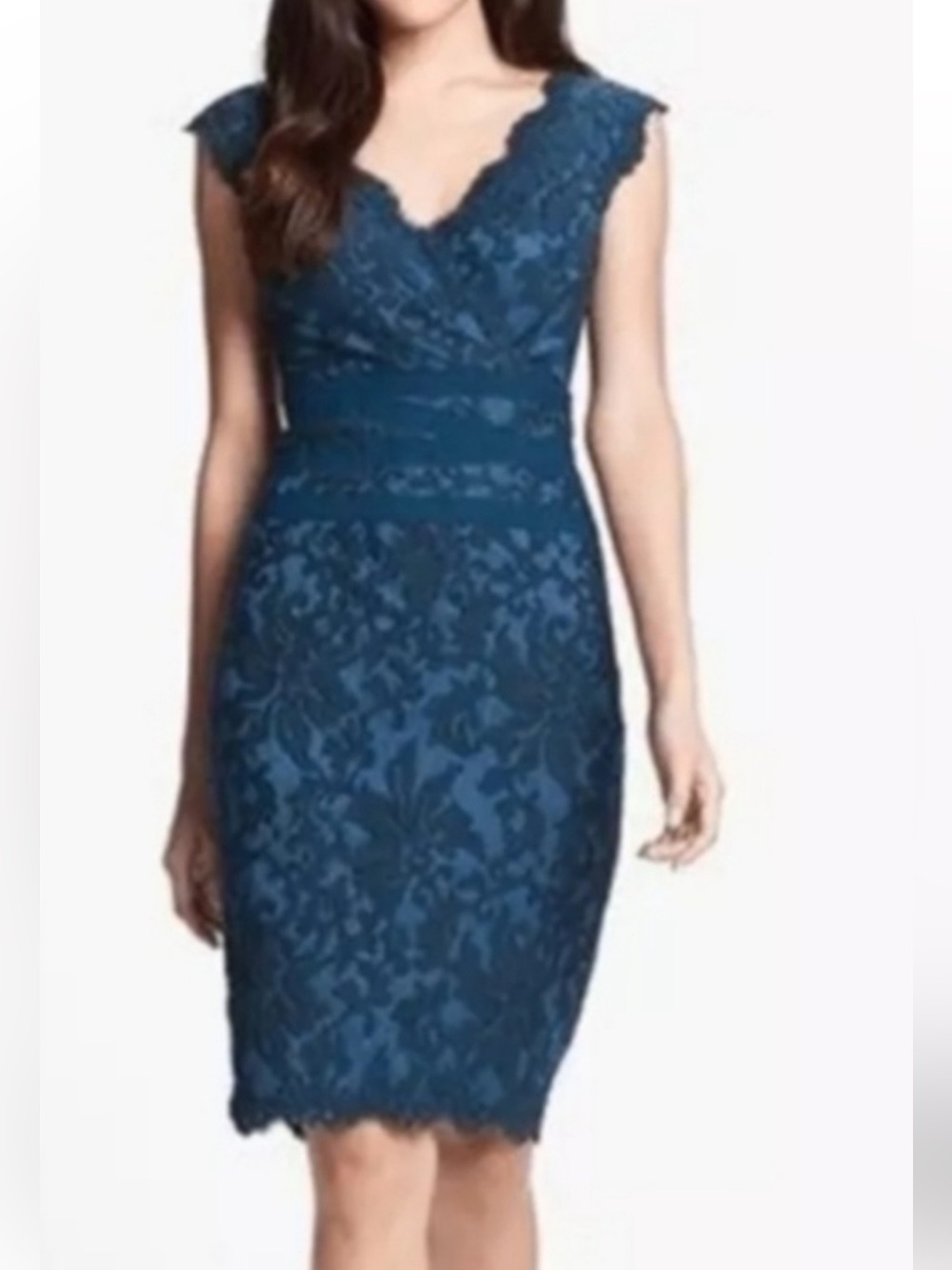 Tadashi Shoji Embroidered V-neck Lace Dress in Dark Teal Size 14